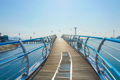 Empty pier against clear blue sky
