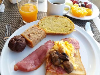 High angle view of breakfast served on table
