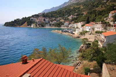 Houses by sea against clear sky