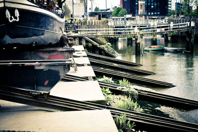 Boats moored in water