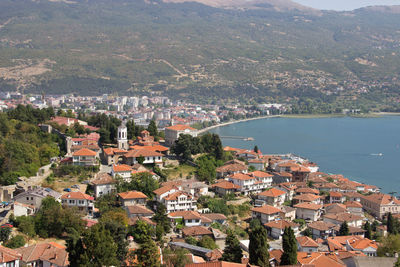 High angle view of residential district against sky