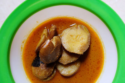 High angle view of soup in bowl on table