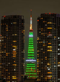 Illuminated buildings in city at night