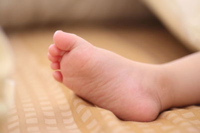 Low section of baby feet on bed