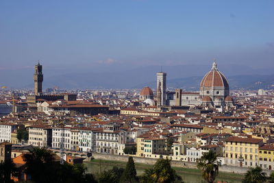 High angle view of city buildings against sky