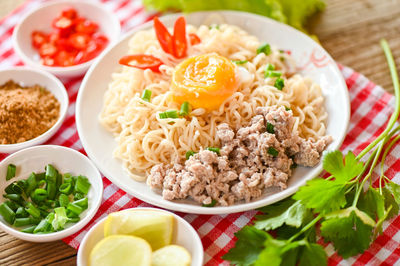 High angle view of food in bowl on table