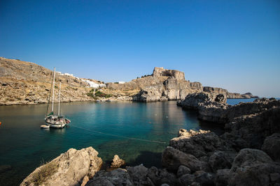 Scenic view of sea against clear blue sky