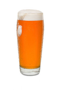 Close-up of beer glass against white background