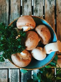 High angle view of mushrooms on table