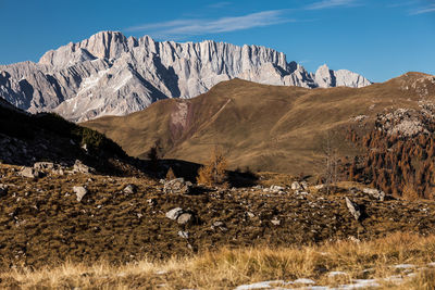 Autumn mountain landscape in the background of the dolomites