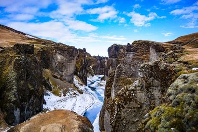 Panoramic view of rocks in mountains against sky