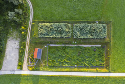 Aerial view of biological wastewater treatment plant in peretshofen near dietramszell, tölzer land, upper bavaria, bavaria, germany