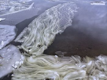 High angle view of frozen sea shore