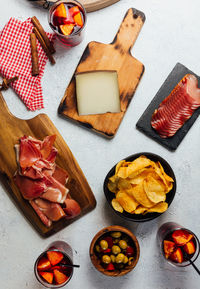 High angle view of breakfast on table