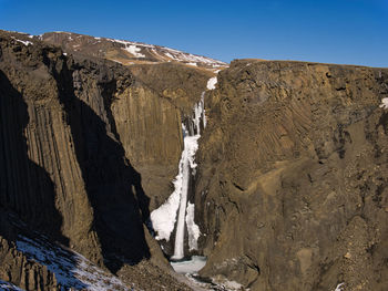 Panoramic view of snow covered mountain against clear sky