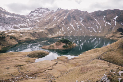 Scenic view of lake and mountains against sky