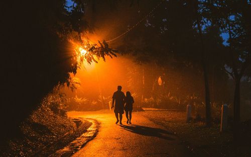 Rear view of silhouette man walking by trees against sky at night