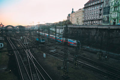 High angle view of train in city against sky
