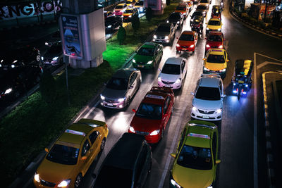 High angle view of traffic on road at night