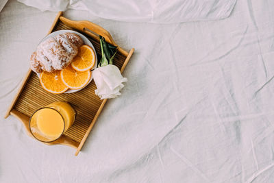 High angle view of breakfast on table