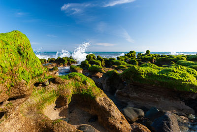 Rocks by sea against sky