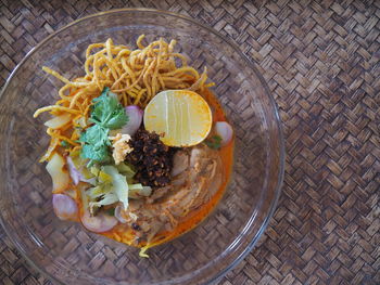 High angle view of food in plate on table