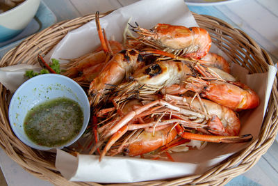 High angle view of seafood in plate on table