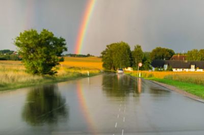 Scenic view of rainbow over trees during rainy season