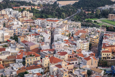 High angle view of buildings in city