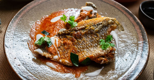 High angle view of food in plate on table