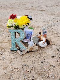 Close-up of toys on beach