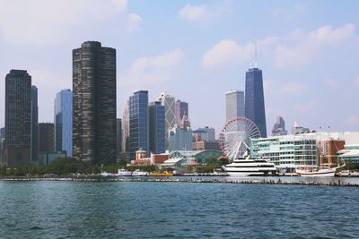 City skyline against cloudy sky