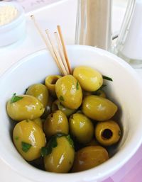 Close-up of olives served in bowl on table