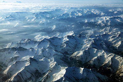 Scenic view of snowcapped mountains on sunny day