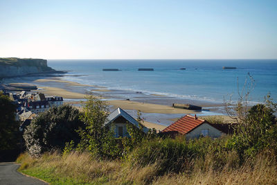 High angle view of beach against clear sky