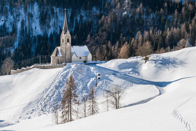 Snow covered land and trees against mountain