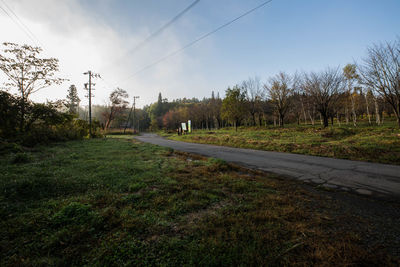 Road amidst trees on field against sky