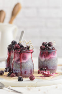 Close-up of dessert served on table