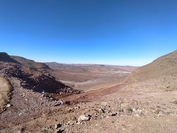 Scenic view of desert against clear blue sky