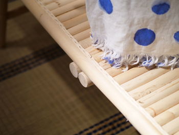 High angle view of objects on wooden table