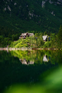 Mountains range near beautiful lake. tatra national park in poland. morskie oko or sea eye lake