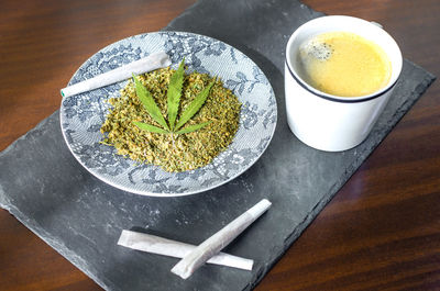 High angle view of drink on table