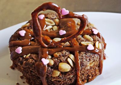 High angle view of chocolate cake in plate on table