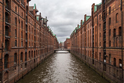 Canal amidst buildings in city against cloudy sky