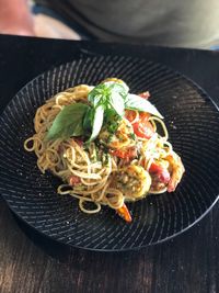 High angle view of meat in plate on table