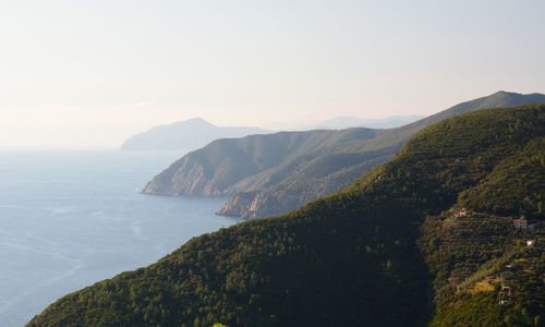 Scenic view of sea and mountains against sky