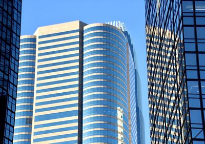 Low angle view of modern buildings against clear sky