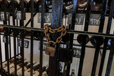 Close-up of metal gate against building