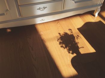 High angle view of shadow on hardwood floor at home
