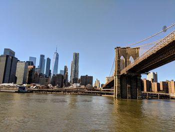 Bridge over river with city in background